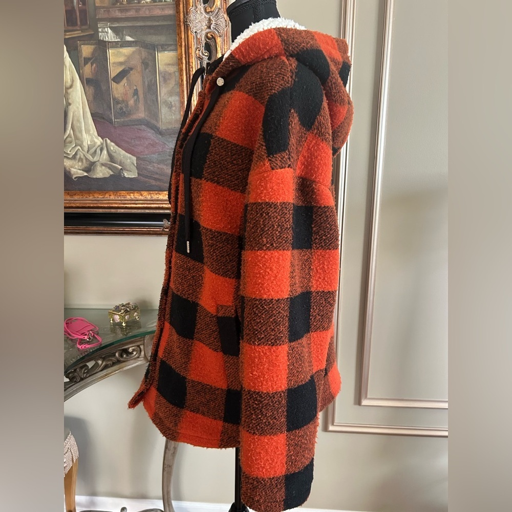 Forever 21 Plaid Hooded Sherpa Lined Shacket Jacket Cozy Cabin Core Size Medium - Picture 3 of 6